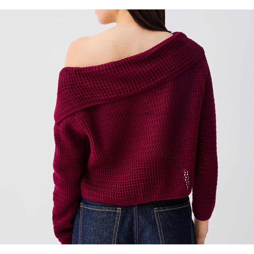 Commense Burgundy Knit Sweater Asymmetric Button Folded Collar Women's Medium - Picture 3 of 10